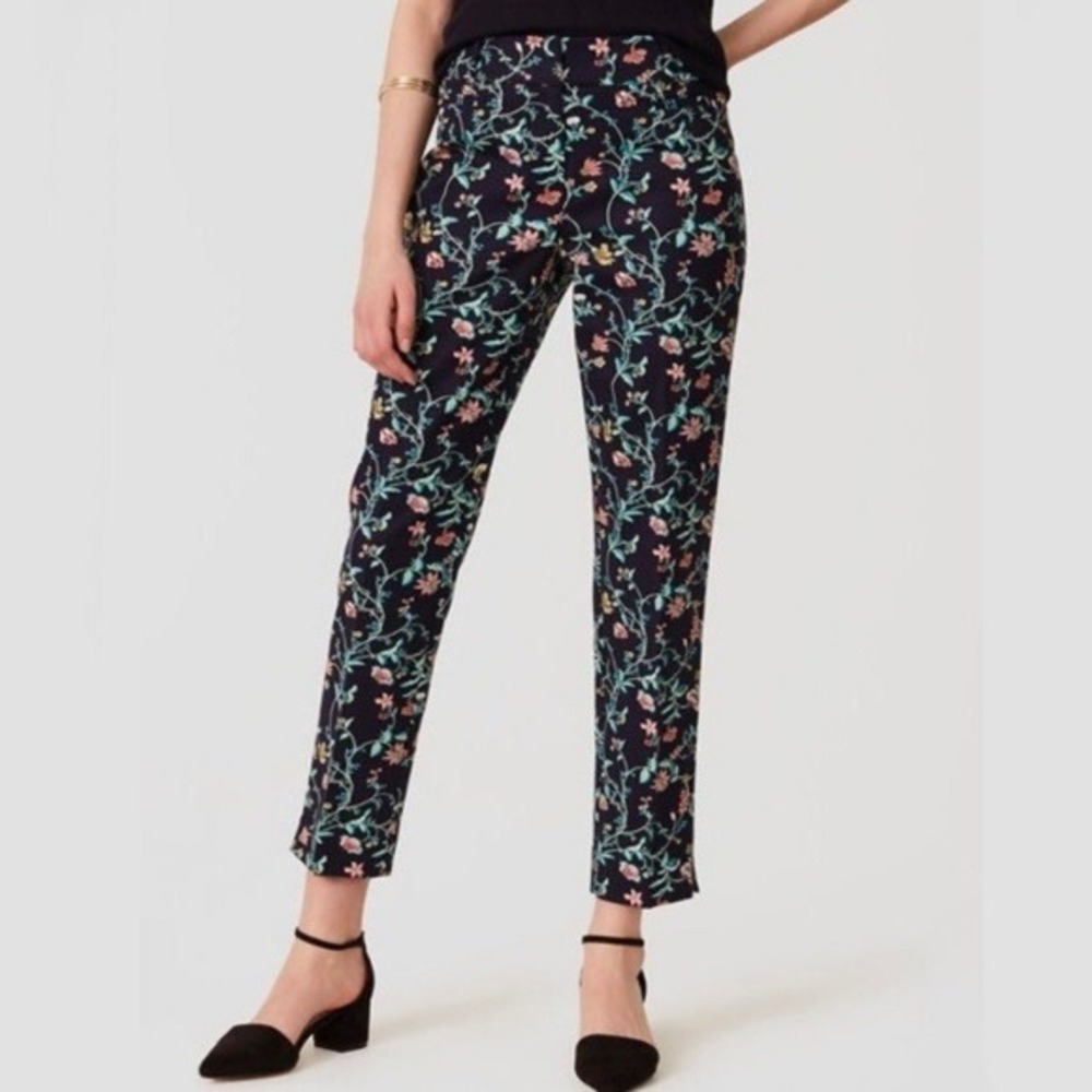 LOFT‎ Ankle Pants Women 2 Navy Blue Julie Floral Vine Print Stretch Trousers
